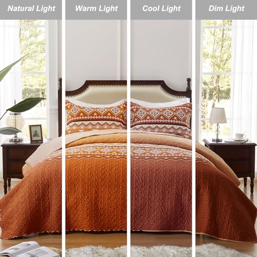 LEAONME Quilt Set Full/Queen Size 3 Piece Bedspread Coverlet Lightweight Comforter Microfiber Bedding Set All Season Oversized 90x98 Inch Bed Cover Bohemian Burnt Orange/Rust(1 Quilt,2 Pillow Shams)