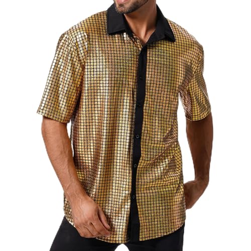 EFOWAY Men Sequin 70s Disco Shirt Metallic Short Sleeve Button Down Shirts