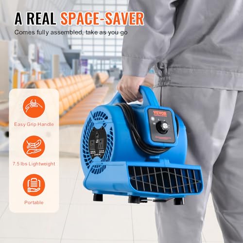 Image of VEVOR Floor Blower, 1360 RPM 600 CFM, Air Mover for Drying and Cooling, Portable Carpet Dryer Fan with 4 Blowing Angles,3-Speeds Adjustment, for Janitorial, Home, Plumbing, Commercial Use