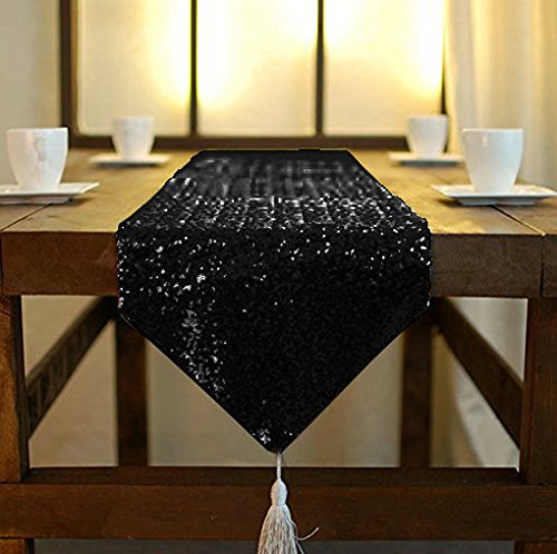 ShinyBeauty Table Runner 48 Inches Long Sequin Black Table Runner Small Sparkle Tassels Table Runners Dining Table Runners Wedding Decor Sequence