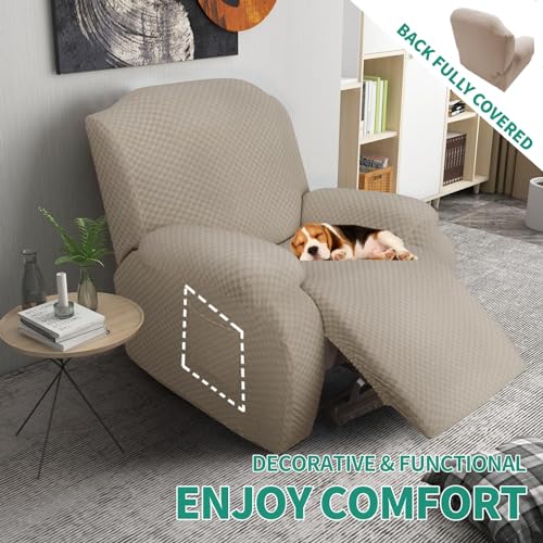 Image of YEMYHOM 4 Pieces Oversized Stretch Recliner Slipcover Jacquard Large Recliner Chair Cover with Side Pocket Anti-Slip Fitted Furniture Protector with Elastic Bottom (X-Large Recliner, Khaki)