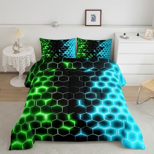 Image of Feelyou Green Blue Honeycomb Bedding Set Fluorescent Geometrics Hexagon Comforter Set Beehive Hexagon Comforter for Boys Girls Geometric Duvet Set Queen Size Quilt 3Pcs Boys
