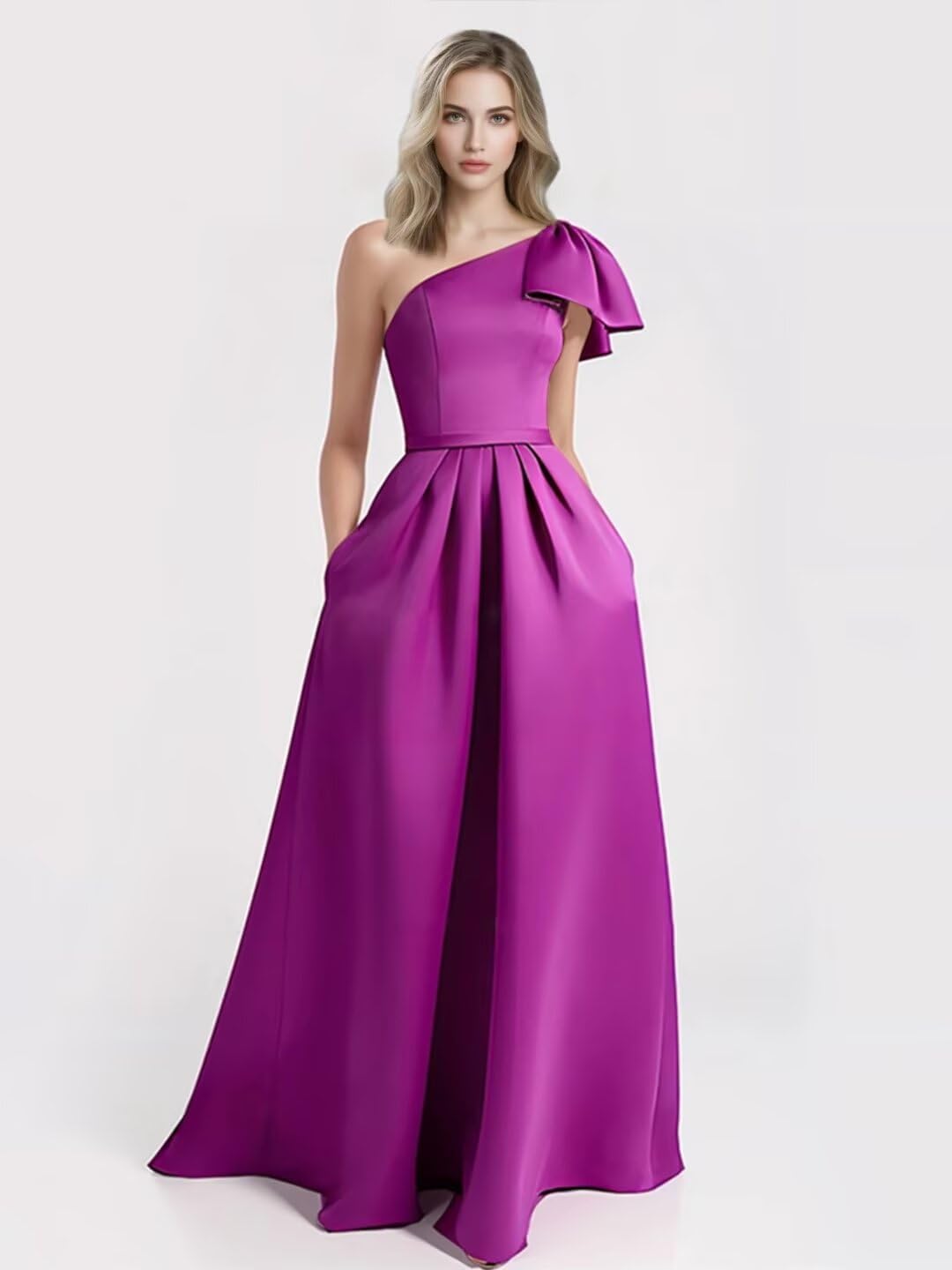 SHANDUAO One Shoulder Satin Bridesmaid Dresses Bow Evening Prom Formal Dress with Pockets