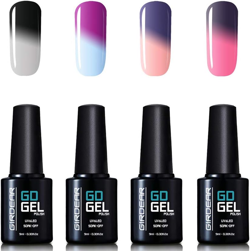 Girdear 4Pcs Gel Nail Polish Soak Off Thermal Temperature Changing Colour UV LED Maniure Gift Set Nail Lacquer Art Kit C030