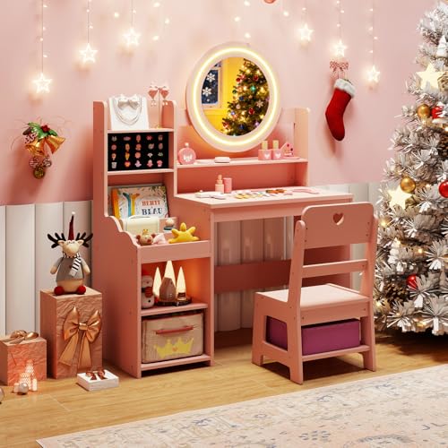 Image of HONEY JOY Kids Vanity with Lights, Wooden Princess Makeup Dressing Vanity Desk with Jewelry Storage, Open Shelves, 2 in 1 Toddler Vanity Table & Chair Set with Lighted Mirror for Little Girls(Pink)