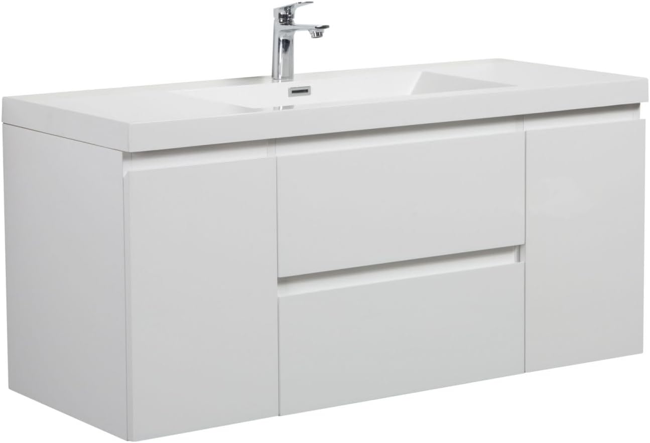 Miseno MV-48AUR-GWT Aurora 48" Wall Mounted Single Basin Vanity Set with Cabinet and Acrylic Vanity Top - Glossy Polar White