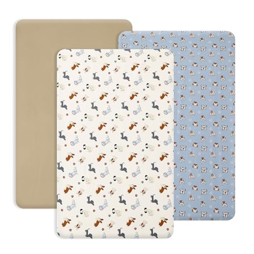 Image of PHF 3 Pack Soft Mini Crib Sheets, Pet Dogs Pack N Play Sheets for Baby Boys Girls, No Slip Universal Fit for Pack N Play, Playard, Portable and Mini Crib Mattresses, Pet Dogs