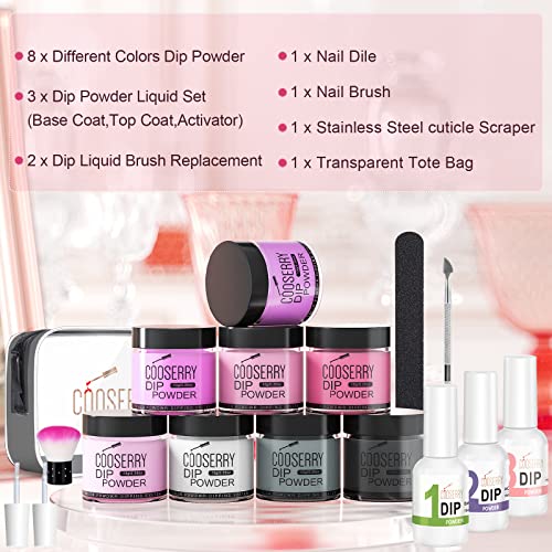Cooserry Dip Powder Nail Kit Starter - 17Pc Dipping Powder System Liquid Set With Base & Top Coat Activator - 8 Colors Clear Pink Black Dip Nails Powder Art Manicure Diy Salon Gift For Beginners #TOP2