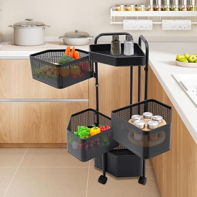4-Tier Removable Basket Shelf Organizer, Multi-Layer Storage Rotating Basket, Rotating Storage Shelves Rack, Storage Shelves Rack Cart for Fruit Vegetable Grocery Corns Potato Onion Black-pj063NGK