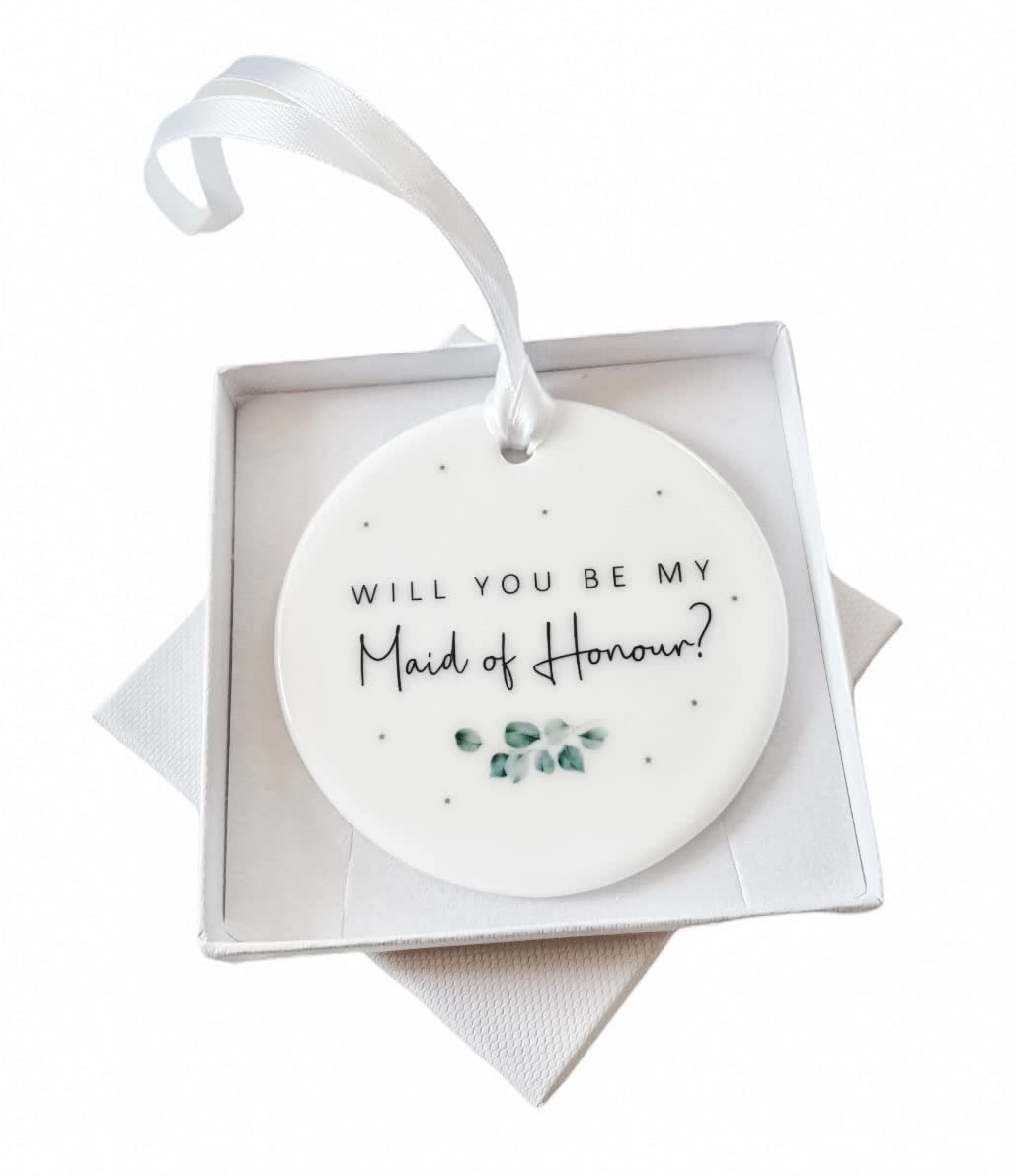 Wedding Party Proposal Hanging Ornament Ceramic Sign Will You Be My Bridesmaid Maid of Honour Matron of Honour - Sage Green Eucalyptus Theme (Maid of Honour in Gift Box)