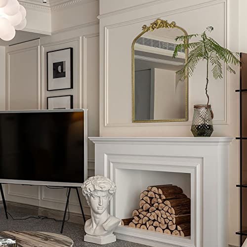 Casolly Arendahl Traditional Retro Gold Arched Wall Mirror, 24"X36" Carved Elegant Mantel Farmhouse Bathroom Mirror With Antique Ornate Frame, Baroque Inspired Home Decor For Vanity Bedroom Entryway #TOP6