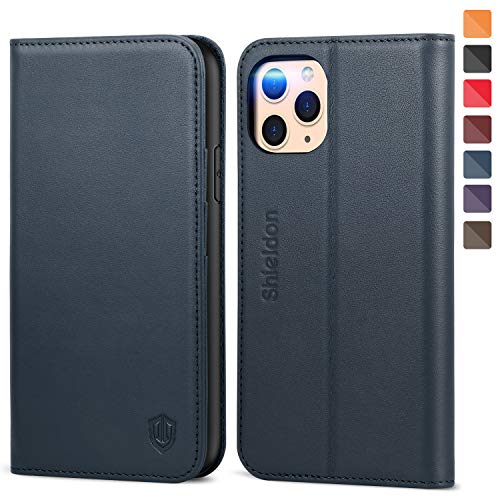 SHIELDON Genuine Leather iPhone 11 Pro Max Auto Sleep Wake Wallet Folio Case Book Design with Kickstand RFID Credit Card Slots Magnetic Closure Compatible with iPhone 11 Pro Max 2019 - Blue