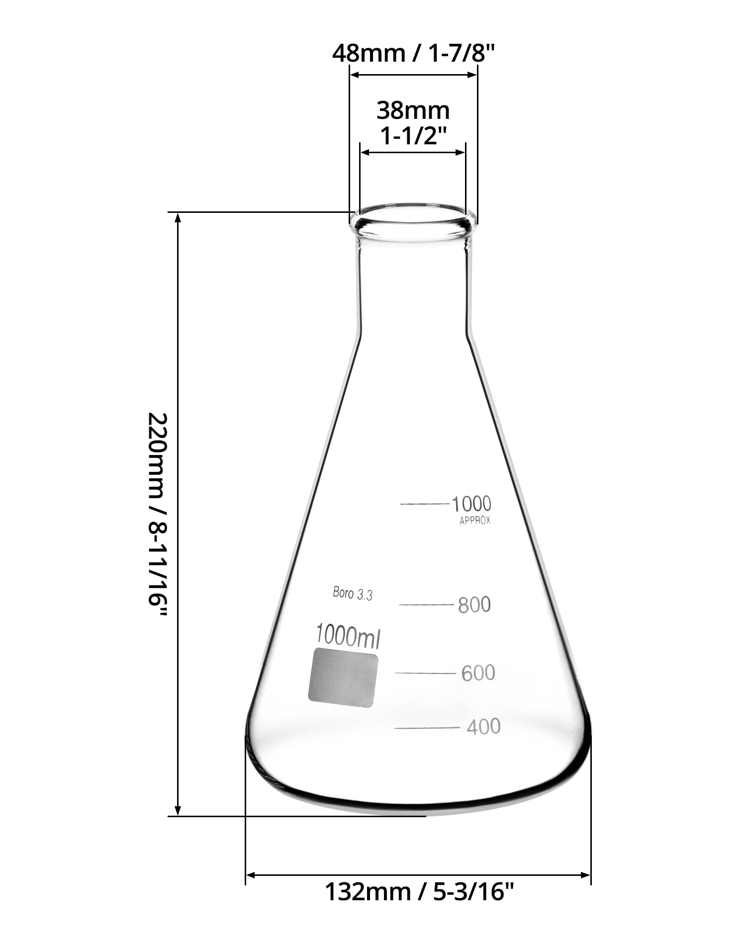 QWORK Erlenmeyer - Set di 2 fiaschette coniche in vetro borosilicato da 1000 ml, con bocca stretta, scala stampata, per laboratorio, aula, cucina, artigianato, casa