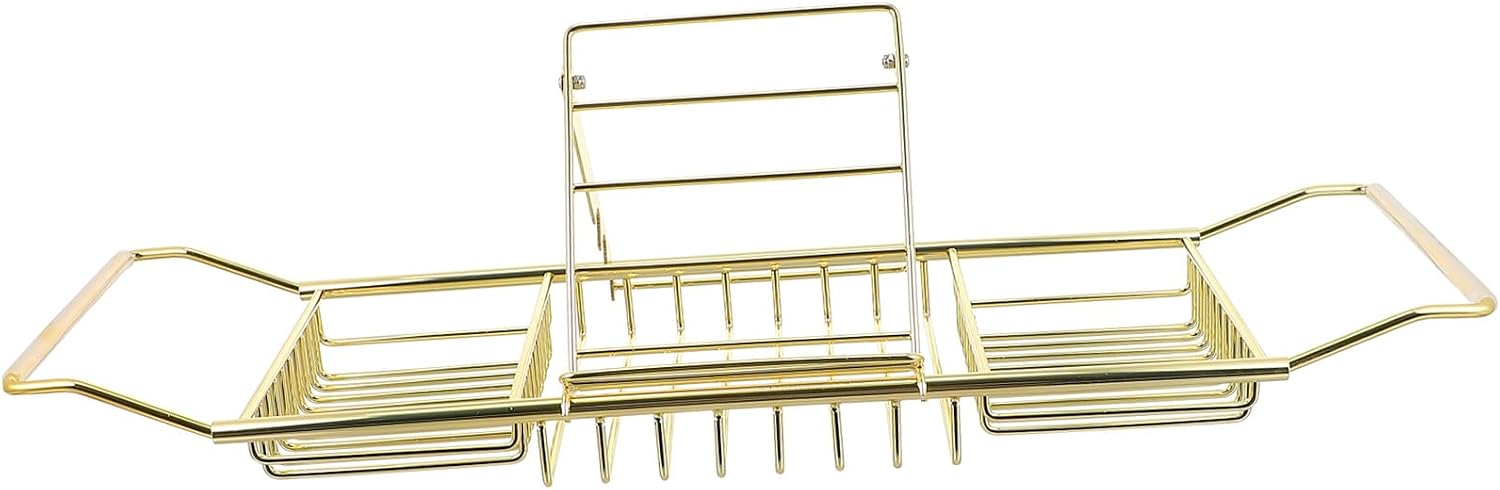 Mobestech Retractable Bathtub Rack with Holders Nonslip Stainless Steel Bath Tub Tray for Books Wine Tablets and Phone Expandable Golden Bathroom Storage Shelf