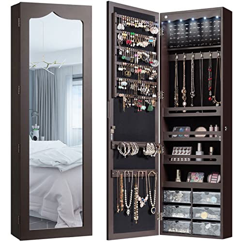 CHARMAID 5 LEDs Jewelry Armoire Wall Mounted/Door Hanging Mirror, Lockable Jewelry Cabinet with Full Length Mirror and 6 Drawers, Large Capacity Jewelry Organizer Storage Box for Women Girls (Brown)
