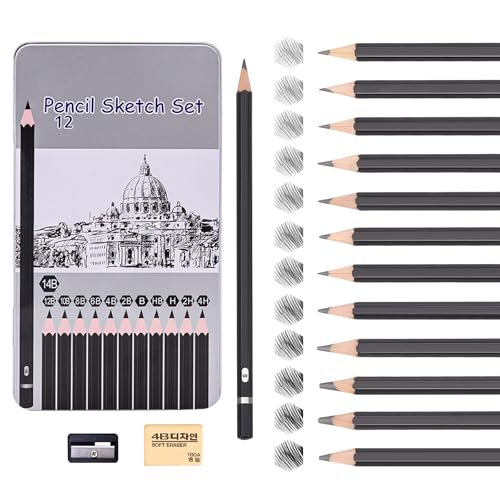 OWLKELA Lot de 12 Crayon Dessin(14B 12B 10B 8B 6B 4B 2B B HB H 2H 4H), Crayon Papier dans Boîte Métal, Inclus Taille, Crayons et Gomme, Kit de Dessin