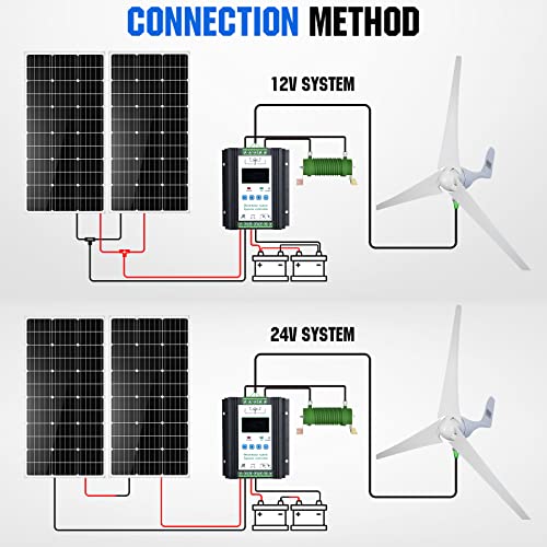 ECO-WORTHY Windturbine Generator 400W DC12V-24V mit 3 Blättern 5,6 Meilen pro Stunde niedrige Startwindgeschwindigkeit mit Solar Wind Hybrid Laderegler, Windrad für Haushalt/Solar Wind Inselsystem