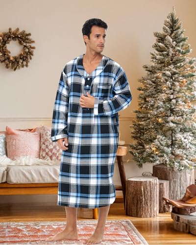 Alexander Del Rossa Men's Soft Cotton Flannel Sleep Shirt, Long Henley Nightshirt Pajamas2