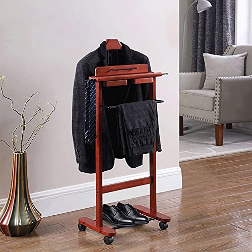 Elegante perchero independiente de madera y metal con ruedas, incluye cajones, colgador de pantalones, corbata y ganchos para cinturón, zapatero perfecto para trajes y atuendos