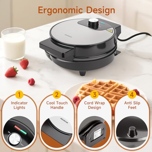 Aigostar Round Waffle Maker With Adjustable Temperature Control, Non Stick Deep Fill Waffle Iron, Belgian & American Waffle Machine, Cool Touch Handle, 1000W, Stainless Steel - Crunchy - 5
