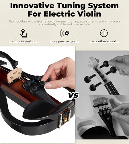 Image of Vangoa Electric Violin 4 /4 Full Size, Solid Wood Ebony Silent Violin with Professional Pickup & 3-Band EQ, Headless Lightweight Design, Beginner to Professional Electric Violin Kit, Brown