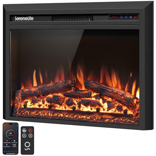 SereneLife Electric Fireplace Insert with Heater | Smart Wi-Fi App Control & Remote | 700W/1500W Adjustable Thermostat with Overheat Protection | 29"x21" Recessed or Wall Mount Design