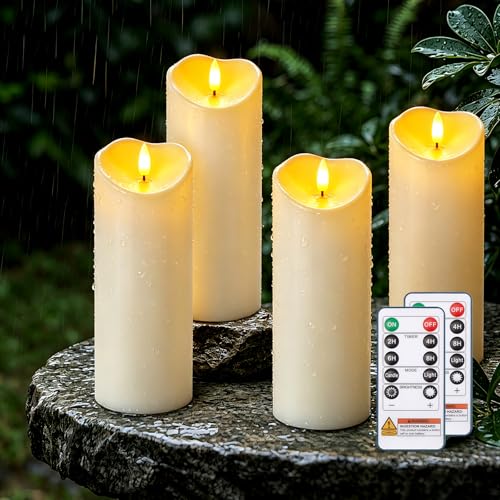Image of Raycare 8 inchx3 inch Outdoor Waterproof Flameless Candles with Remote and Timer, Battery Operated LED Electric Fake Pillar Candle for Home Wedding Decor, Ivory White, Set of 4