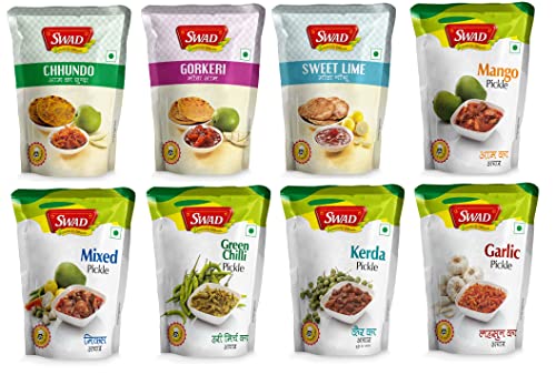 Image of SWAD Mango /Green Chilli /Garlic, Lemon, Kerda Mixed /Chhundo /Sweet Lime Chutney /Sweet GorKeri /Tenti Dela /Combo 200g - (Pack of 8)