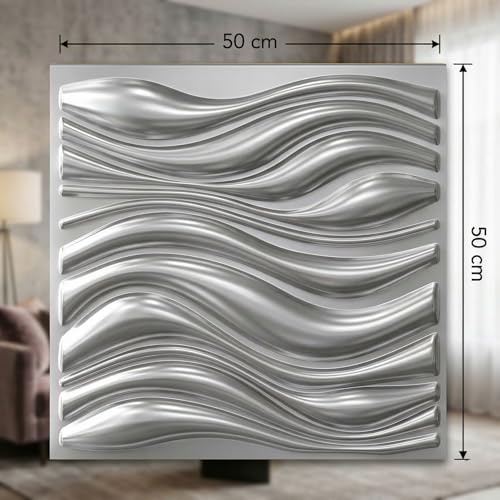 Image of Kayra Decor Luxury 3D PVC Wall Panels - Wave Pattern, Silver Finish | 19.7 inch x 19.7 inch | Pack of 12 | Covers 32.28 Sq. Ft. | Stylish Wall Cladding for Home & Office Interiors