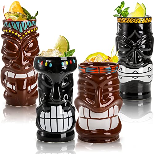 Peohud 4 Stück Keramik-Tiki-Tassen, hawaiianische Partybecher, 50/150 oz exotische Cocktailgläser für Mai Tai, Punch, Pina Colada, tropische Getränke, Tiki Bar professionelle Barware Cover