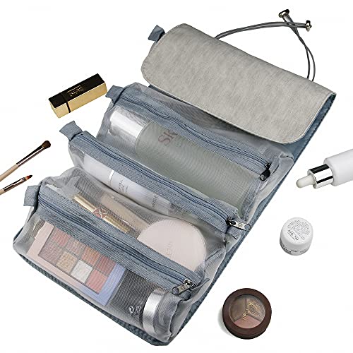 MDSTOP Hanging Roll-Up Makeup Bag / Toiletry Kit / Travel Organizer for Women - 4 Removable Storage Bags - Organize Make Up, Cosmetics, First Aid, Medicine, Personal Care, Bathroom, Palette / Brush Holder (Grey, 9