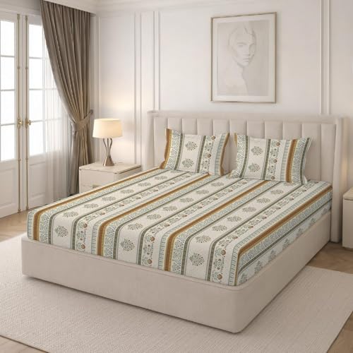 Image of 240 TC Cotton Feel Glace Cotton Elastic Fitted Printed King Size Double Bed Bedsheet with 2 Pillow Covers and Fits Upto 4-6 inches Mattress, Size- 72 inchx78 inch(Marigold)