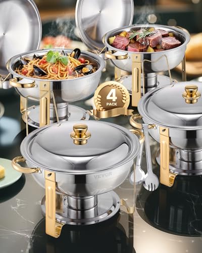 VEVOR Chauffe-Plat 4PCs 4,6 L, Buffet Chauffant Rond, Réchaud en Acier Inoxydable, avec 4 Bacs Pleine Grandeur, Couvercle et Pince, pour Buffet Libre-Service...
