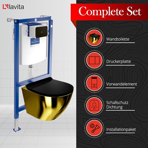 Lavita ViConnect H112 Vorwandelement Unterputz WC mit Bedienplatte + Wand Hänge Tiefspül WC Sofi Slim Gold/Black Spülrandlos + WC Sitz Komplettset Unterputz Spülkasten Toilette Komplett Sett WC – Bild 4