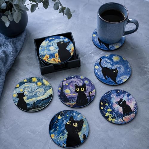 Image of Zesta Coasters for Cups Set of 6 / Wooden Coasters for Bar Accessories for Home /Tea Coaster Set of 6 / Waterproof Dining Table Decor Glass Cover (Van Cat, Circle)
