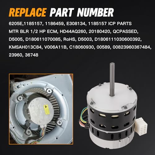 1/2 HP ECM X-13 Furnace Blower Motor 6205E, 208/230V 3.8A, 1050RPM, Fit for American Standard & Trane, Carrier/ICP, etc. 1/2 HP X13 Constant Torque Motor with One Year Quality Assurance