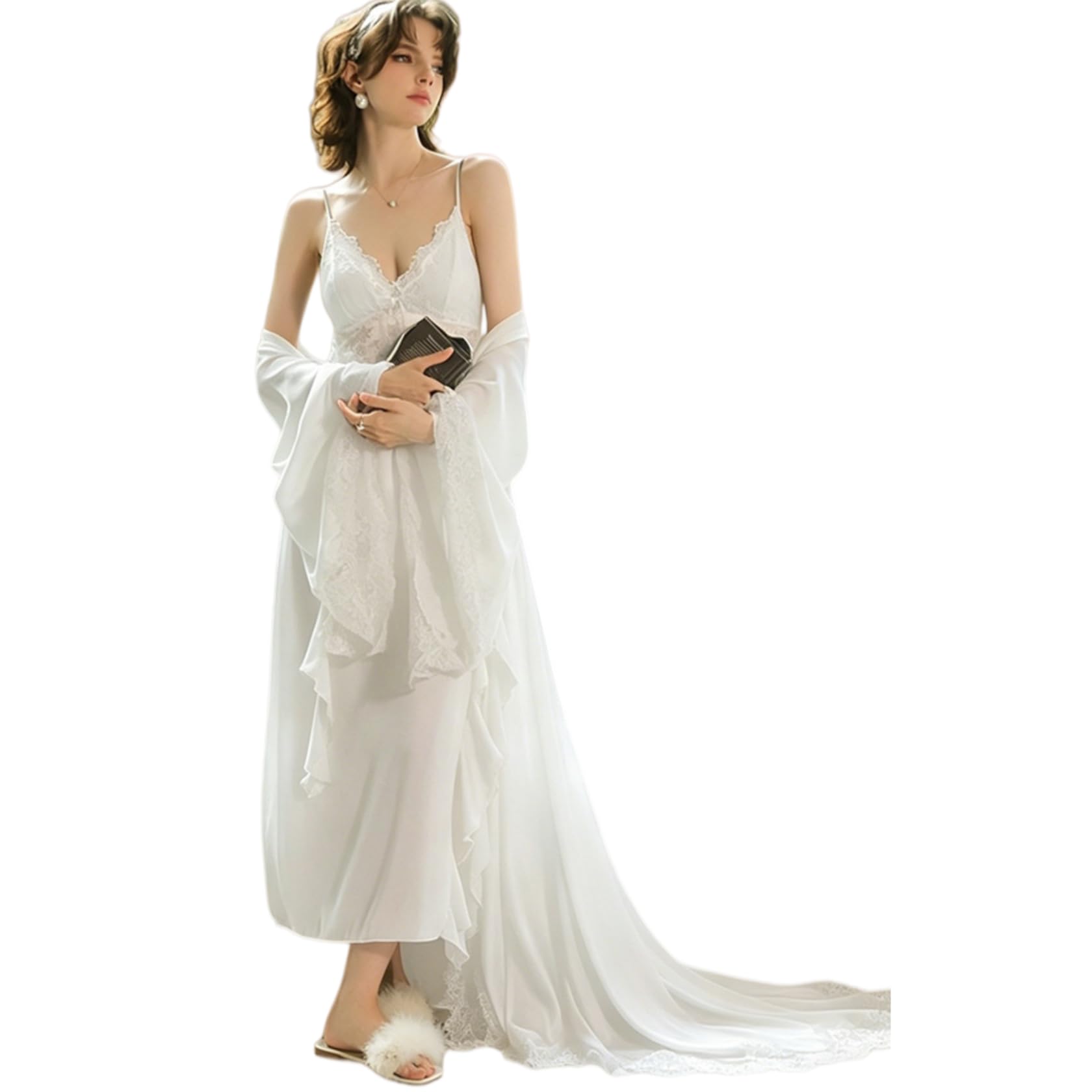 Nuisette Robe Longue De Style Cour pour Femme en Dentelle Décolleté en V Profond Fines Bretelles Traîne Et Manches Larges. Ensemble Nuisette.