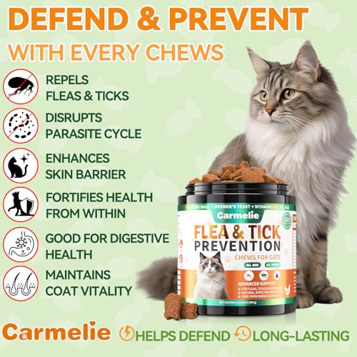 Carmelie Flea and Tick Chews for Cats - 200 Chewables Natural Cats Fleas and Ticks Prevention – Cat Flea Tick Support, Cat Flea Soft Treats for All Breeds & Ages-Chicken Flavor - Image 2