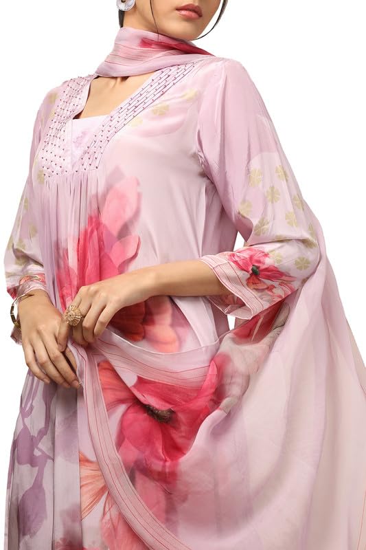 Image of Soch Womens Purple Crepe Floral Print Suit Set With Beads