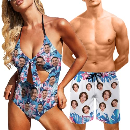 Custom Face Swimsuit Personalized One Piece Matching Bathing Suit & Mens Swim Trunks Beach Shorts Gift for Couple