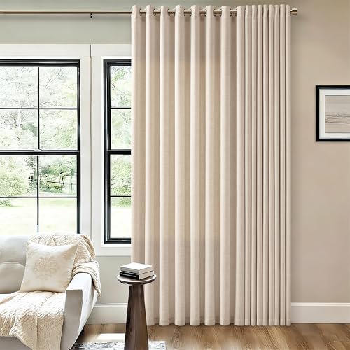 Image of 72 Inch Wide Extra Wide Flax Linen Curtains 90 Inch Length 1 Panel | Grommet, Drapes for Patio Sliding Glass Door, Light Filtering, Semi Sheer, Privacy , Large Window, for Living Room, 72x90