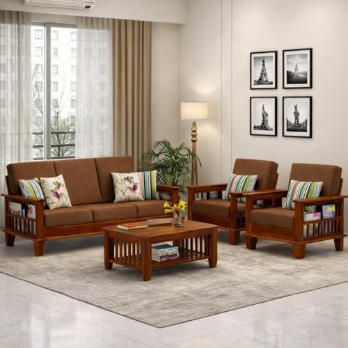 Image of 5 Seater Solid Sheesham Wood Sofa Set for Living Room | Wooden Sofa Set | Sofa Set Furniture for Home| 3+1+1 Sofa Settee -Honey Finish