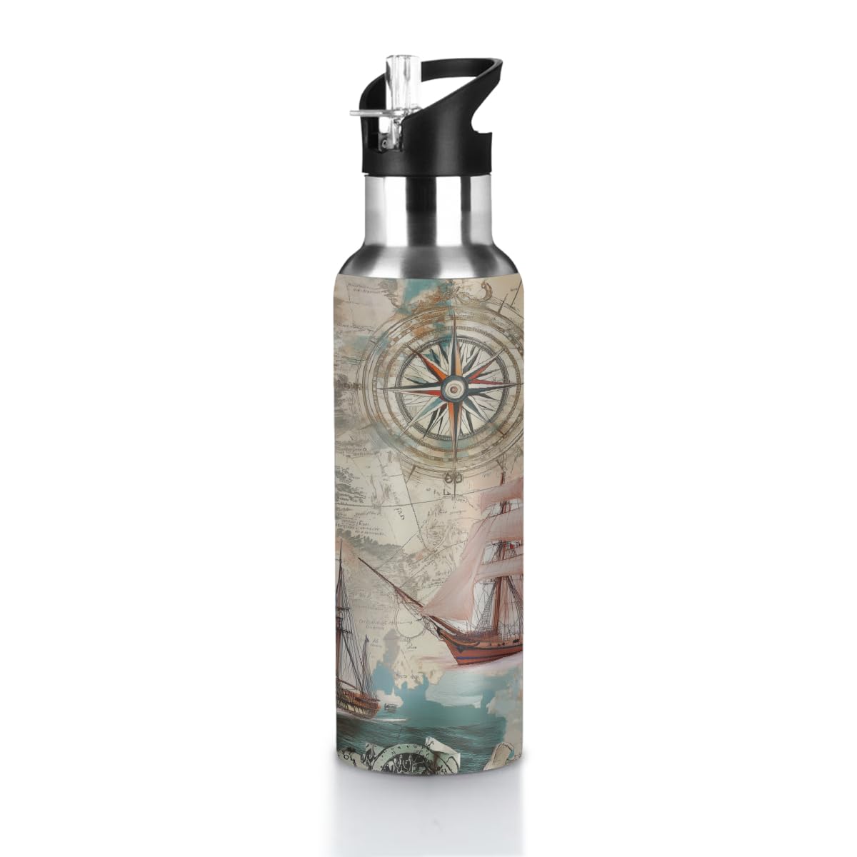 VQUVQV Insulated Water Bottles with Straw Lid, Nautical Clipper Ship Stainless Steel Drinks Bottle Leakproof Vacuum Flask for Running, Sports, Gym, Travel, 600ml