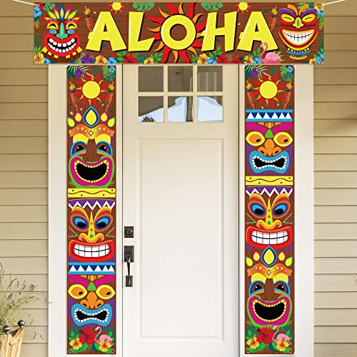90Shine 0304-90SHINE-TIKI BANNERS 3Pcs Hawaiian Luau Party Decorations Tiki Banners Aloha Tropical Moana Flamingo Door Porch Signs Wall Hanging Decor Supplies cover
