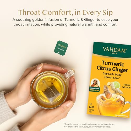 Image of VAHDAM, Turmeric Citrus Ginger Infusion - 36 Bags | Caffeine-Free | Supports Daily Throat Care | Individually Wrapped for Freshness | Turmeric, Cinnamon, Lemongrass, Cardamom, Ginger & Black Pepper