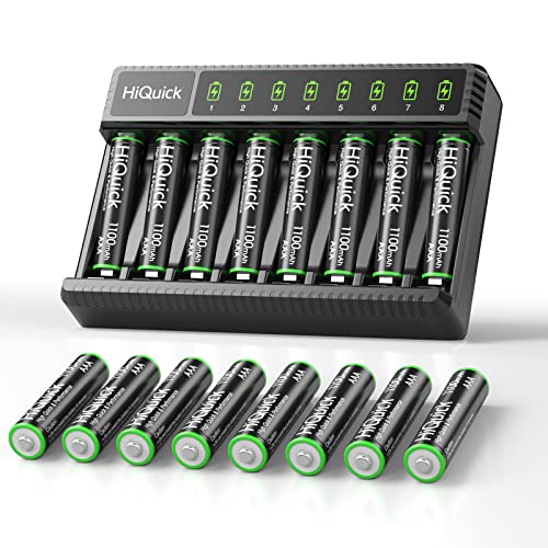 HiQuick 16 x AAA 1100mAh Ni-MH Rechargeable Batteries with 8-Bay LED AA AAA Battery Charger, Batteries and Charger Combo