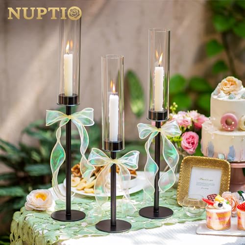 Nuptio Black Candlestick Holders For Centerpiece: 6 Pcs 23.6 & 21.7 & 19.7 In Tall Hurricane Taper Candleholder With Glass Cylinder Chimney Windproof Metal Candle Stick Holder For Fireplace Decor thumb #3