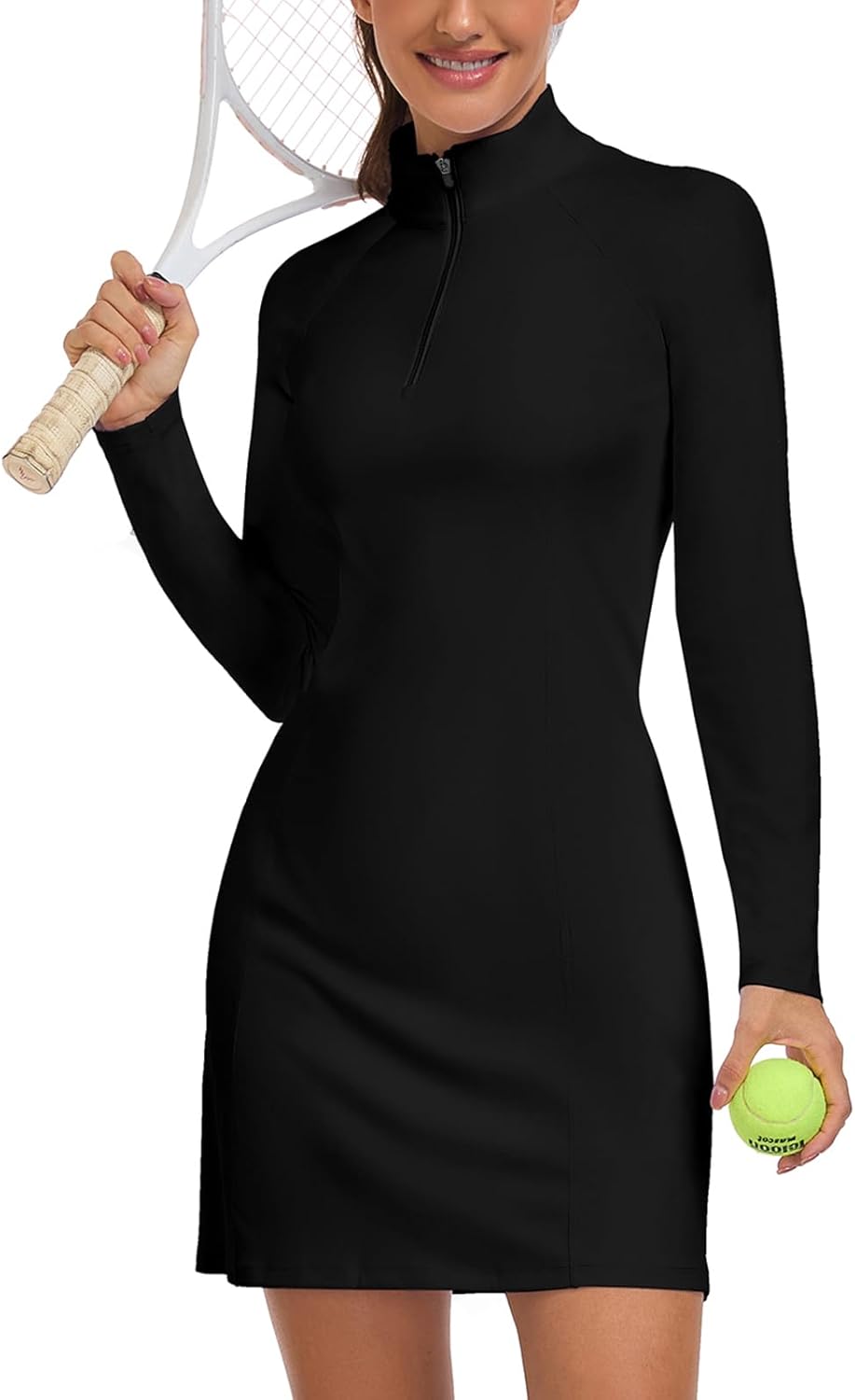 WOWENY Women's Tennis Dress Long Sleeve Golf Dresses with Shorts Zip Front Golf Outfits UPF 50+ Workout Athletic Dresses