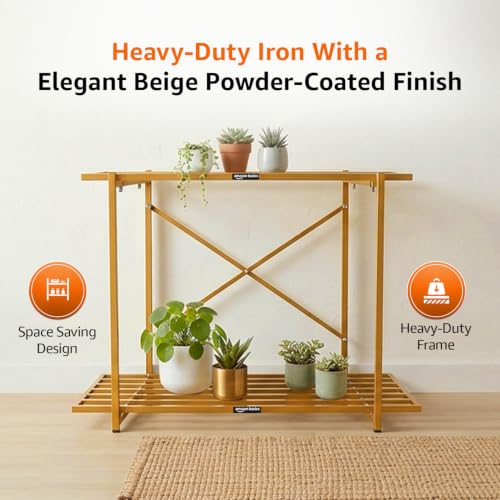 Image of Amazon Basics Heavy Duty 2-Tier Plant Stand | Rust-Resistant Powder Coated Finish | Multipurpose Shelves | Reinforced X-Frame Stability | Indoor & Outdoor Use | Balcony, Garden & Living Room | Beige