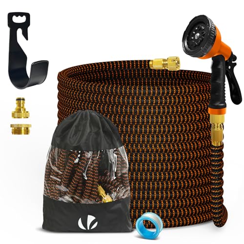 VOUNOT® Tuyau d'Arrosage Extensible 15m Renforcé Adaptable 1/2' et 3/4' 10 Modes de Pulvérisation Flexible et Anti-Fuite Raccord et Sac de Rangement Fournis Orange